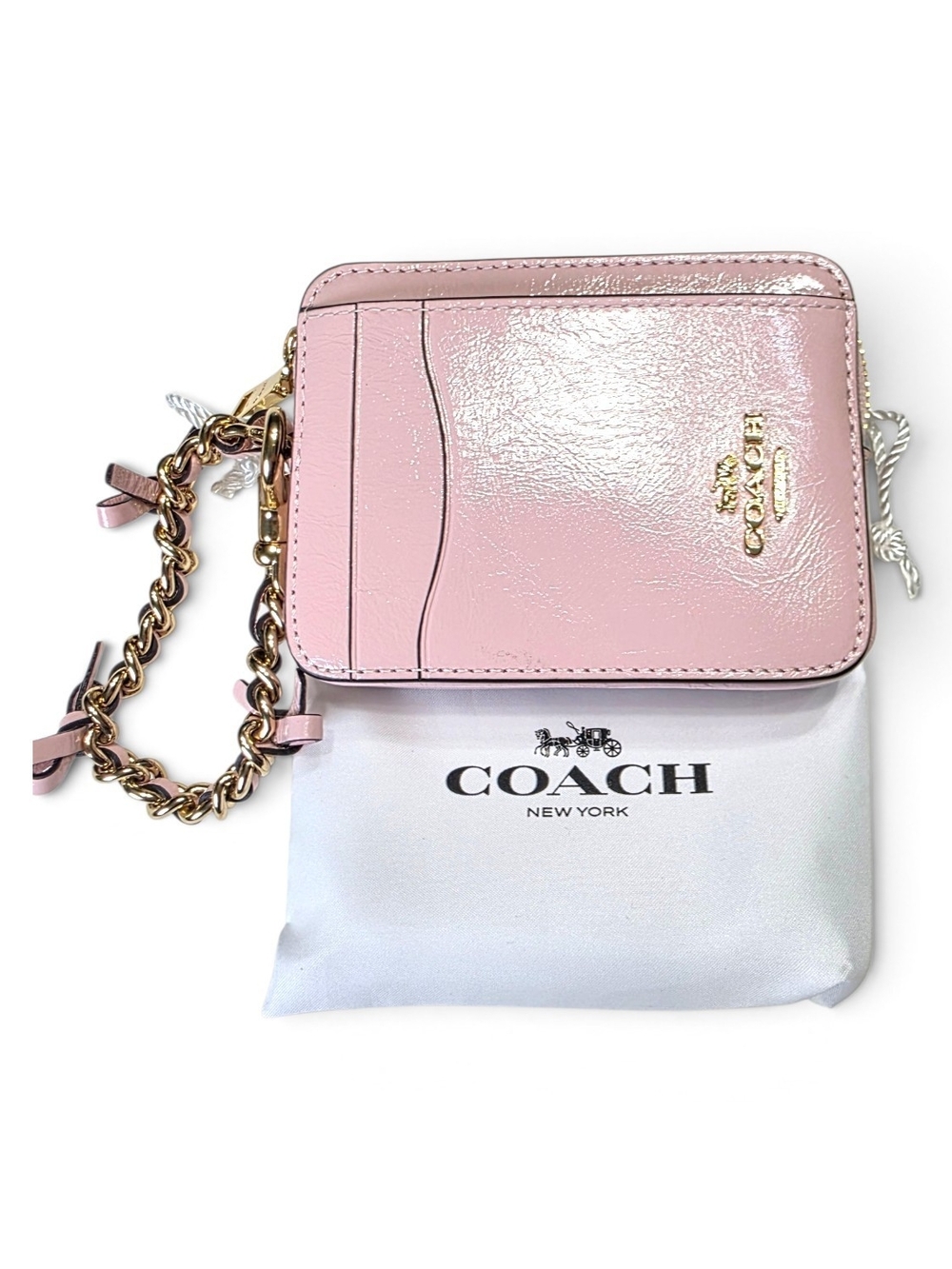 Coach Pink Leather Zip Card Case Bow Wristlet New With Tags